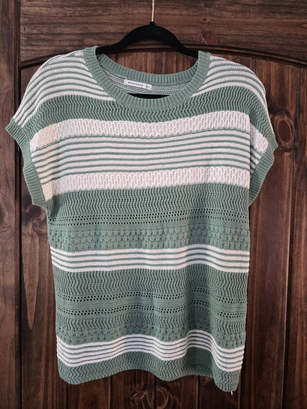 Staccato Sage Green & Cream Striped Knit Crewneck Sweater